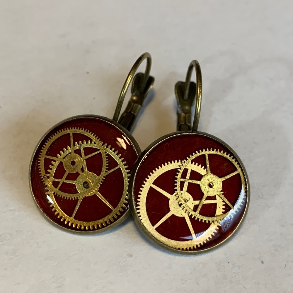 Red Earrings Gears French Levers Handmade New